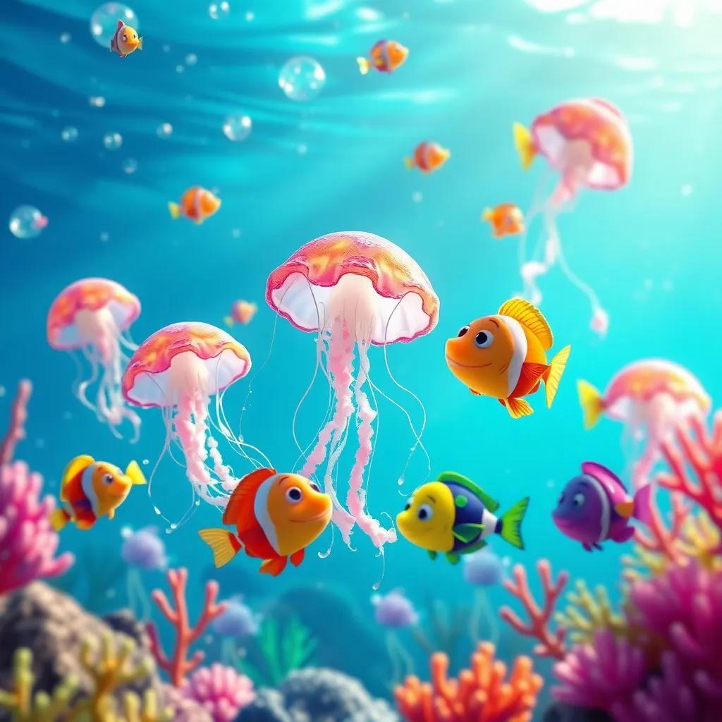 A joyful underwater scene with jellyfish and colorful fish dancing together, showcasing the fun and happiness in the ocean, bright colors, lively vibe, high quality