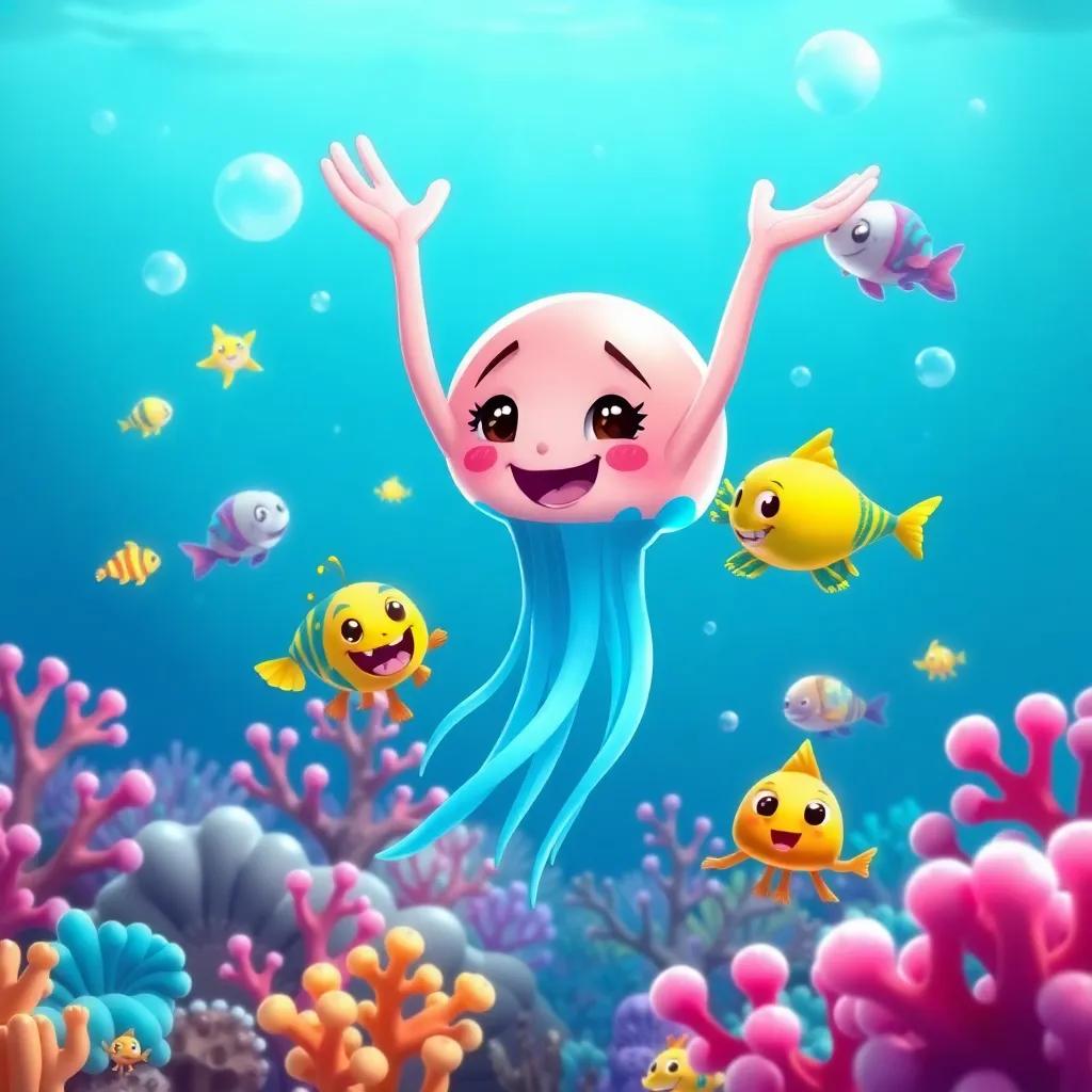 Jelly, now confident and happy, celebrating in the ocean with all her friends, colorful coral and bright sea creatures around, joyful atmosphere, digital illustration, high quality