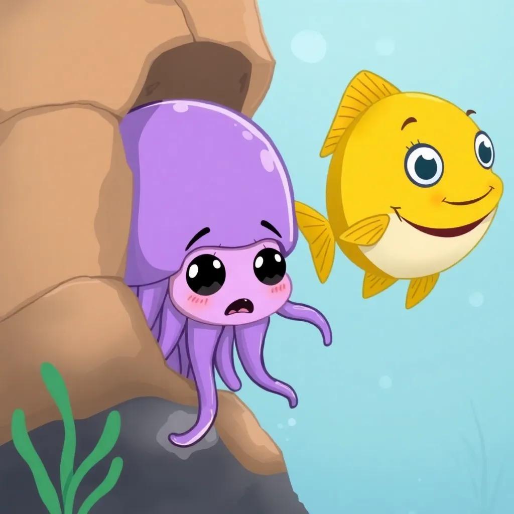 Jelly, the scared jellyfish, peeking out from behind a rock, with a large fish swimming by, bright colors, playful scene, cartoon style, inviting atmosphere
