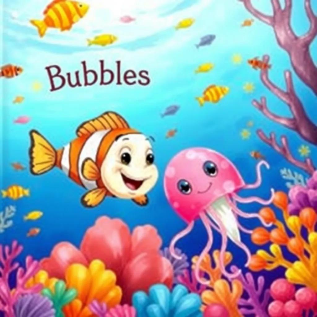 A happy clownfish named Bubbles swimming next to Jelly the jellyfish, in a colorful coral reef, colorful fish surrounding them, friendly atmosphere, detailed illustration