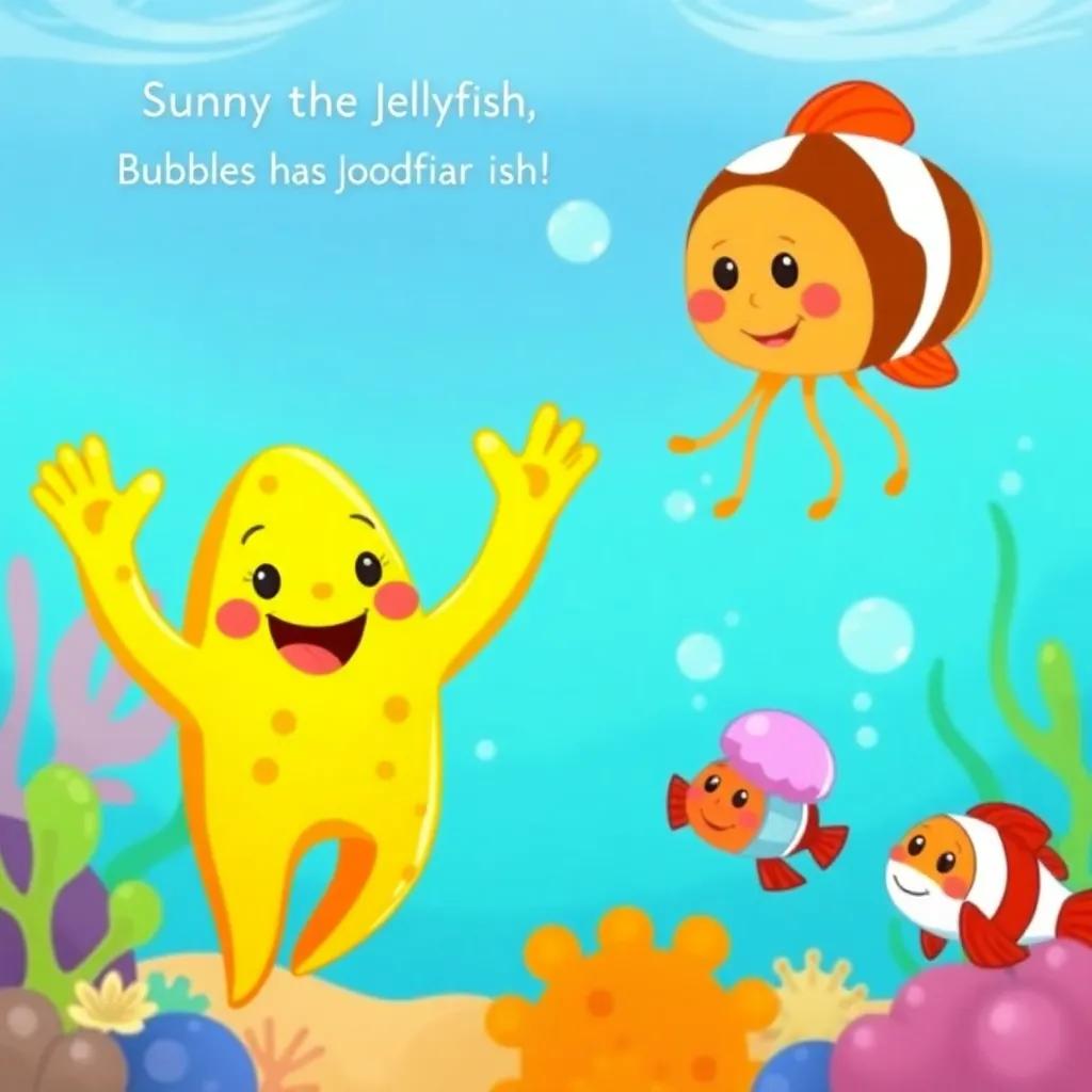 Sunny the starfish with bright arms waving, smiling at Jelly the jellyfish and Bubbles the clownfish, underwater scene with cheerful colors, digital art, uplifting