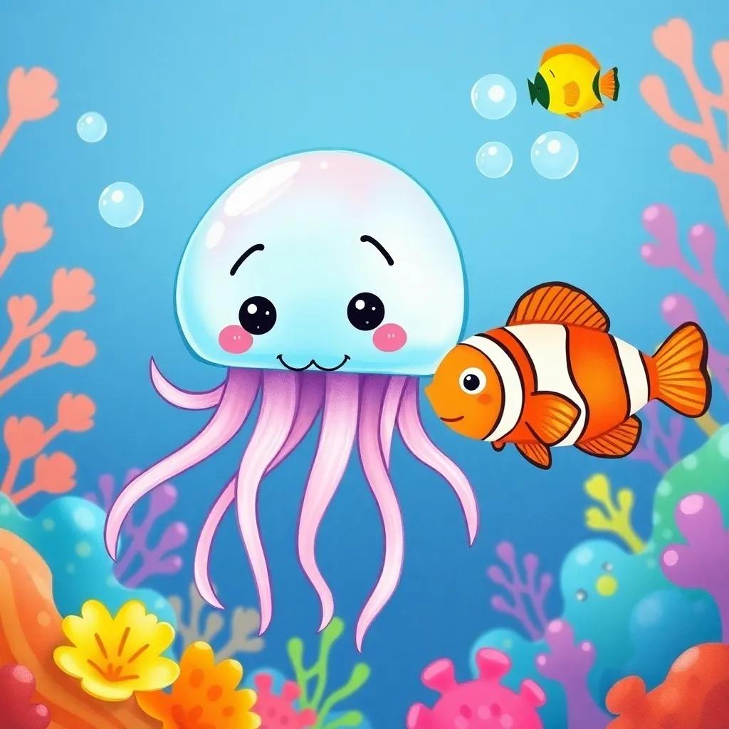 Jelly the jellyfish with a brave expression, swimming with Bubbles the clownfish, surrounded by colorful corals and small fish, vibrant ocean background, cheerful, engaging