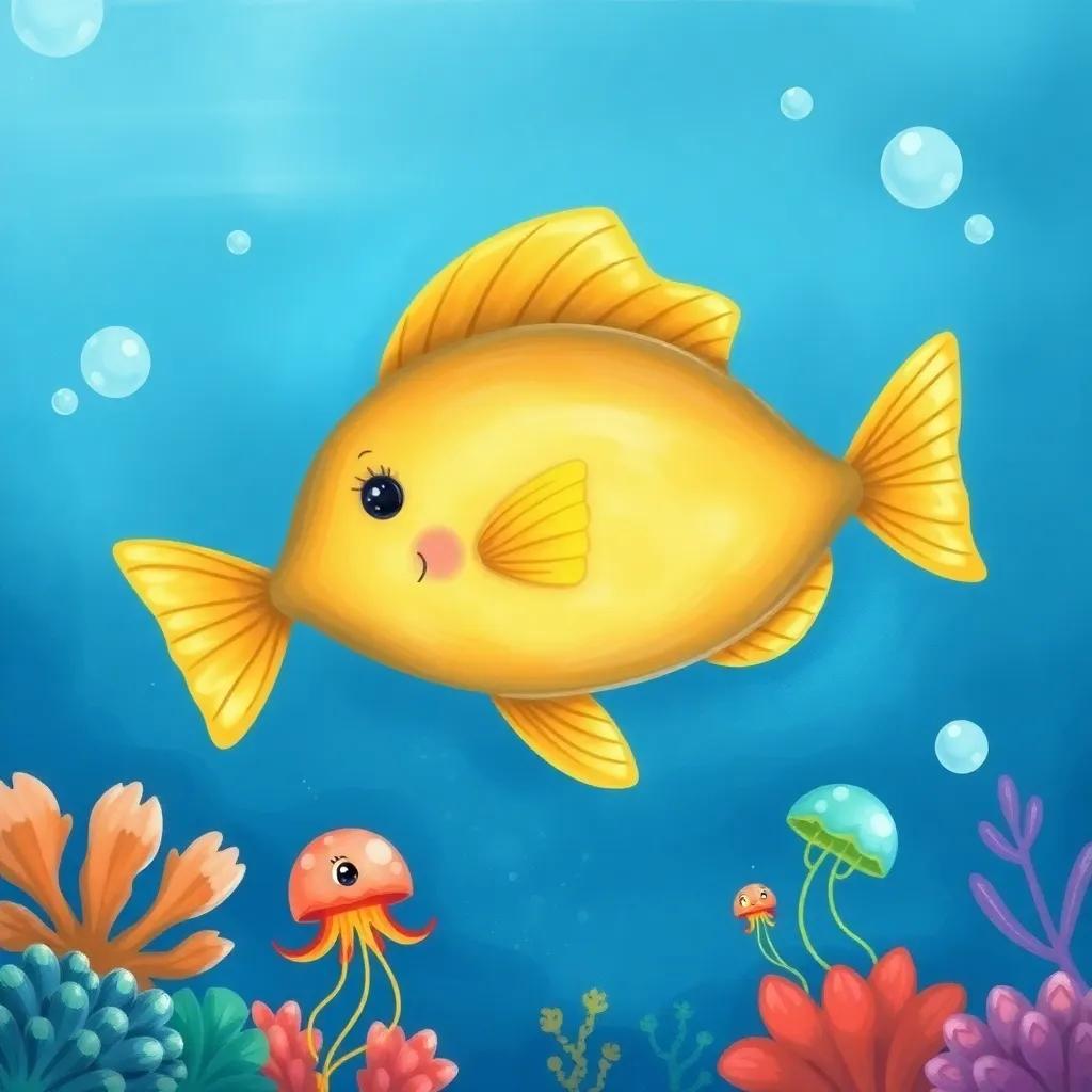 A big gentle fish swimming gracefully in the blue ocean, with Jelly and Bubbles watching, colorful underwater scenery, warm and inviting, child-friendly