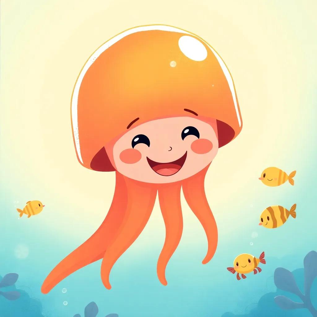 Jelly the jellyfish smiling brightly, starting to swim confidently in the ocean with her friends, warm colors, joyful atmosphere, uplifting