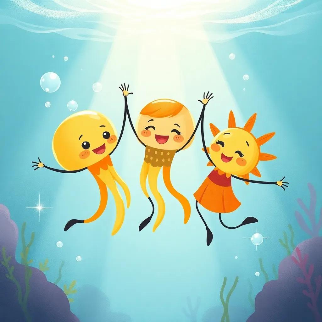 Jelly, Bubbles, and Sunny forming a happy trio, dancing underwater with sparkling light filtering through, engaging, whimsical illustration