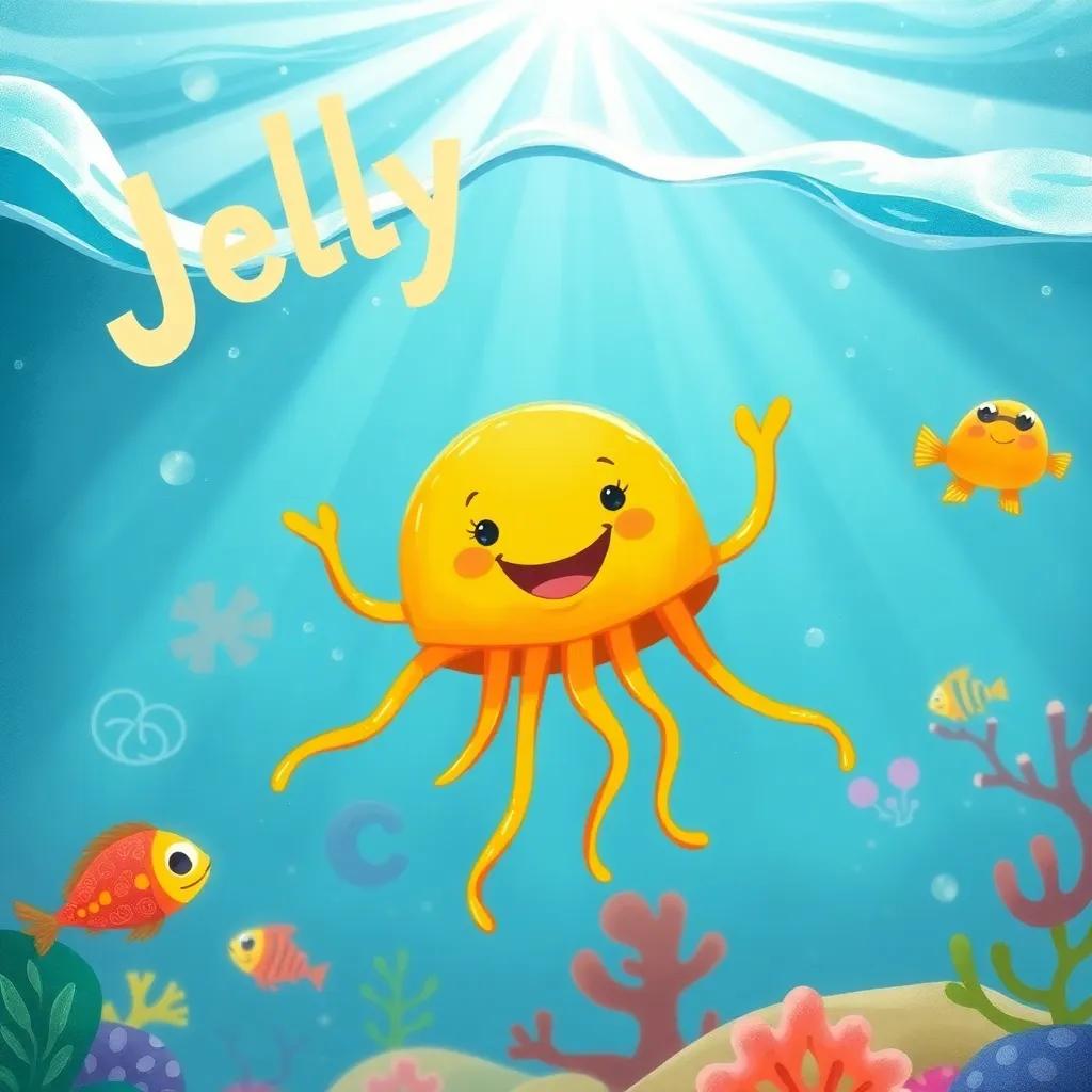 A joyful underwater scene of Jelly the jellyfish, dancing with newfound courage, bright sunlight breaking through waves, colorful marine life, cheerful