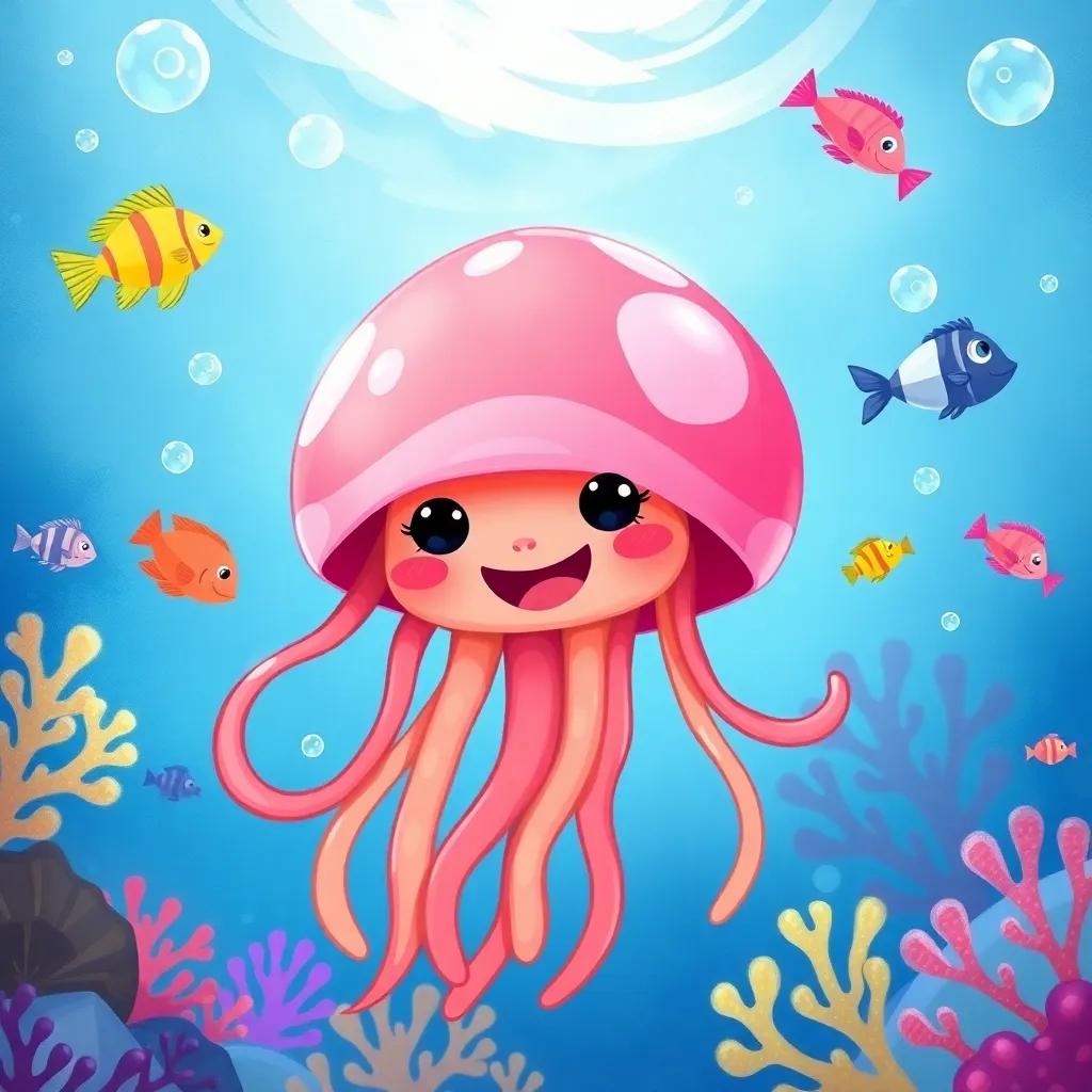 Jelly the jellyfish, looking happy and fearless with her friends, in a beautiful ocean with vibrant corals and fish, digital painting, warm and colorful