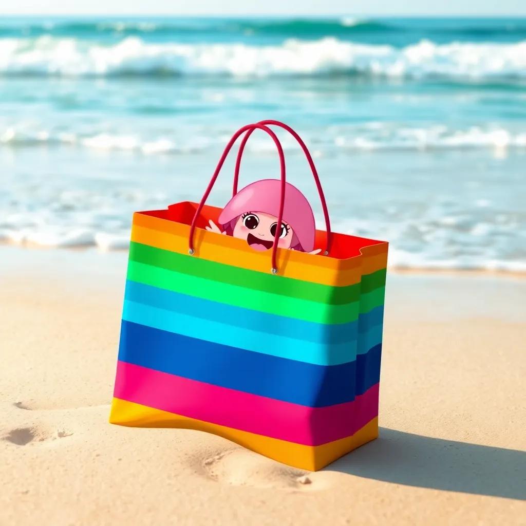 A colorful shopping bag on the sandy beach, with Jelly the jellyfish peeking out excitedly, ocean waves in the background, vibrant colors, cheerful, fun scene, dynamic view, high quality