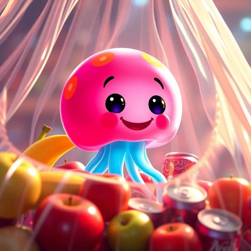 Inside the shopping bag, Jelly the jellyfish happily observing apples, bananas, and shiny soda cans, vibrant and colorful fruits, light streaming in, joyful and magical atmosphere, playful