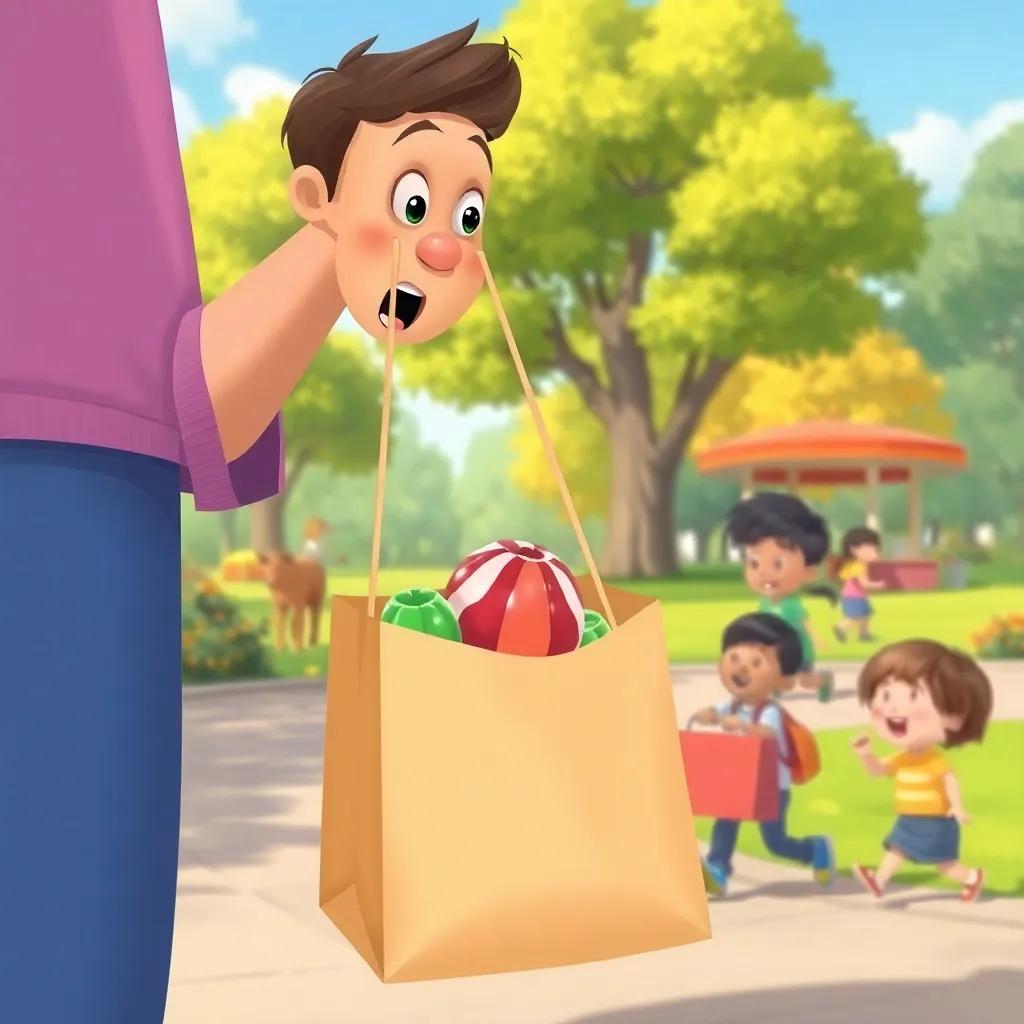 A surprised human picking up the shopping bag with Jelly inside, park in the background, kids playing, colorful scenery, engaging and joyful, illustration, heartwarming