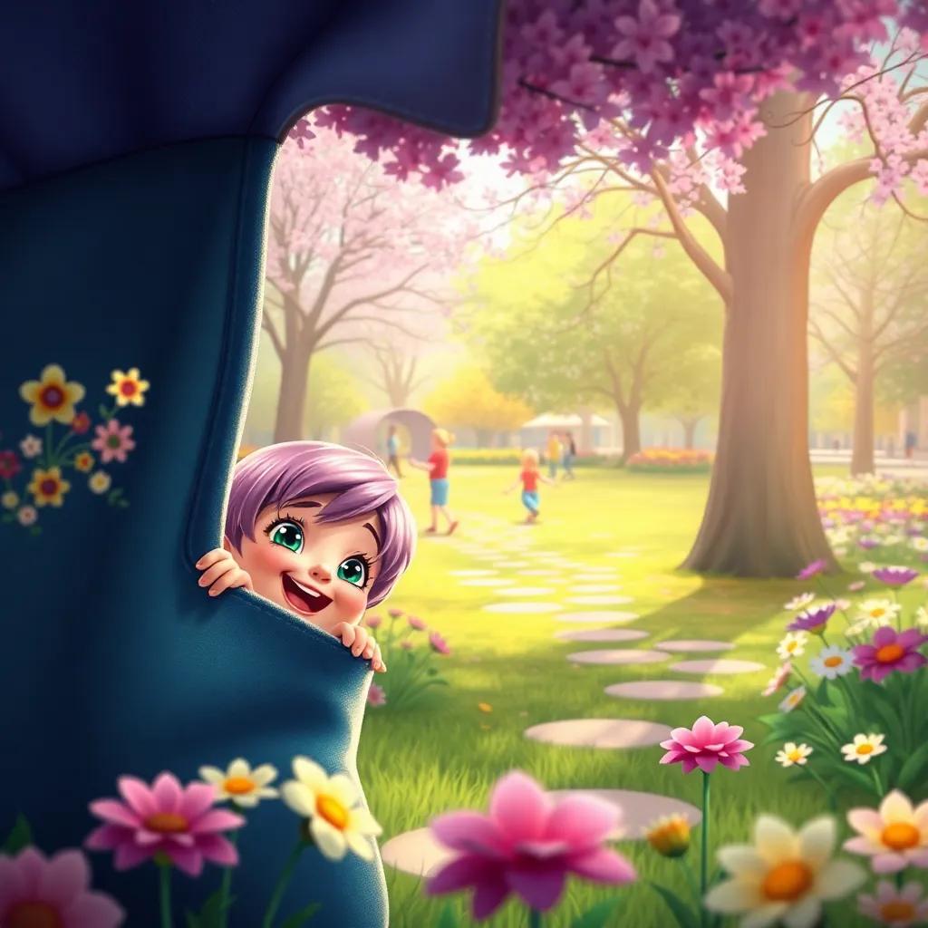 Jelly peeking out of the bag, giggling as she sees a park full of flowers and kids playing, bright colors, lovely atmosphere, fantasy