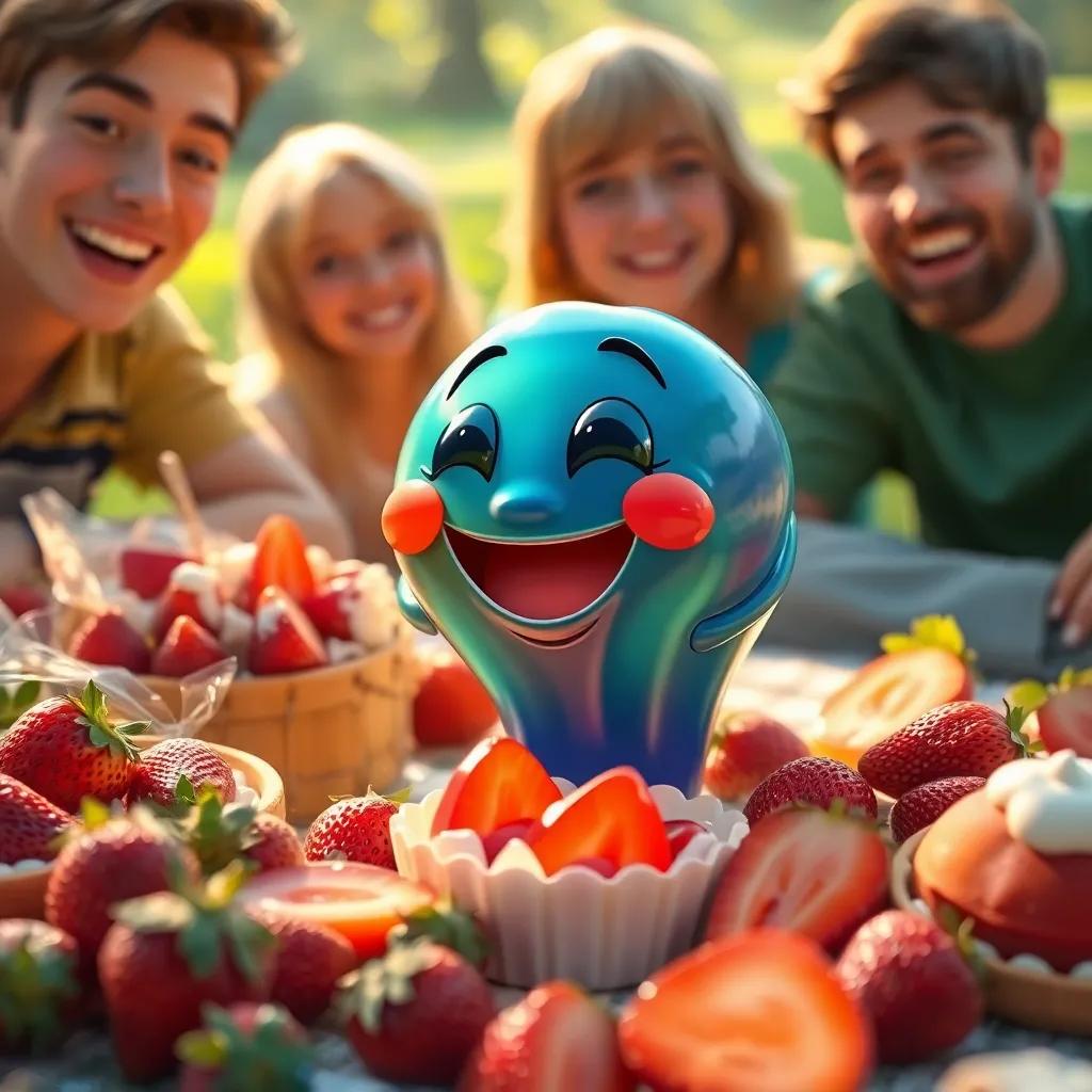 A close-up of Jelly joyfully wiggling among picnic items, strawberries and treats, humans smiling and laughing, inviting, fun-filled scene, cheerful, warm light