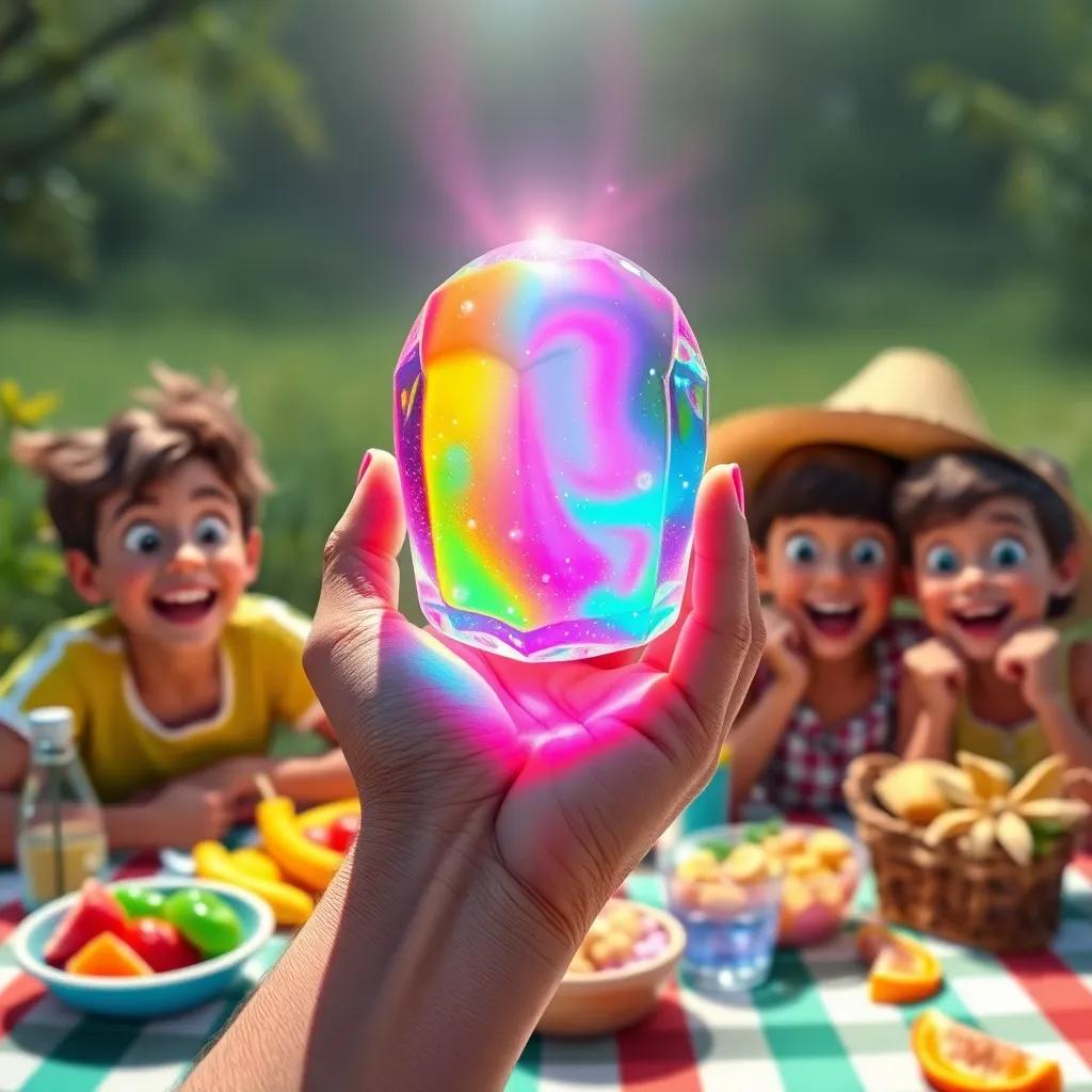 Jelly sparkling like a rainbow in the human's hand, with bright picnic items around, amazed expressions on humans' faces, colorful, joyous