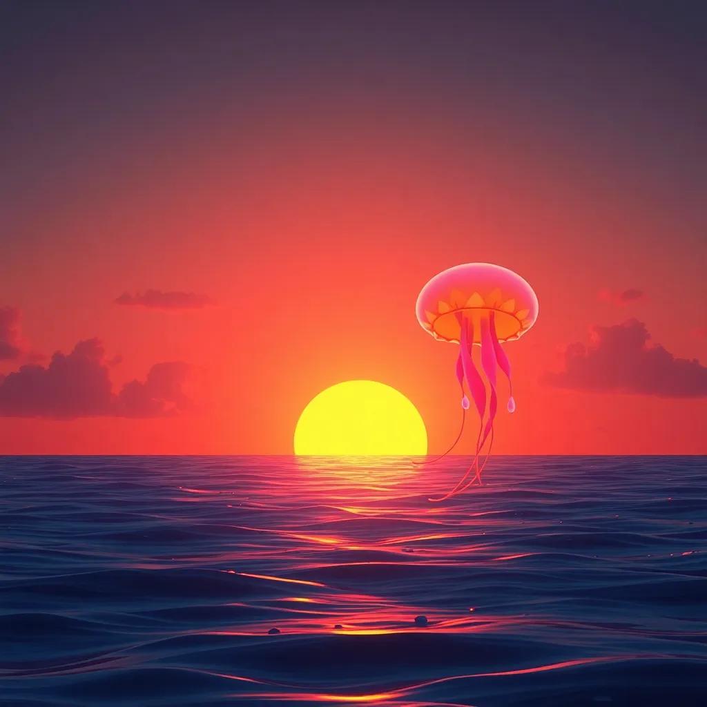 A beautiful sunset over the ocean, Jelly the jellyfish floating back home, side view of the horizon, warm colors, serene and peaceful, dreamy
