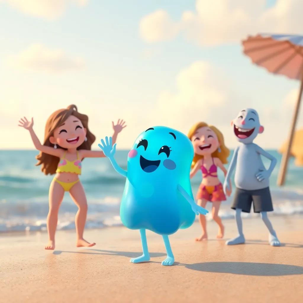 Jelly waving goodbye to her new friends, who are laughing and smiling with joy at the beach, vibrant, animated scene, fun and delightful