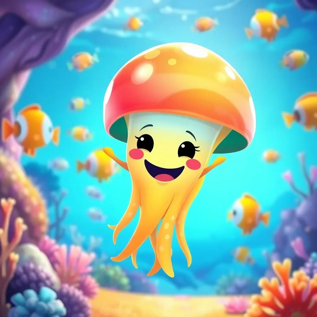 Jelly the jellyfish happily arriving back to her ocean home, greeted by colorful underwater scenery, fish friends in the background, warm and vibrant, cheerful atmosphere