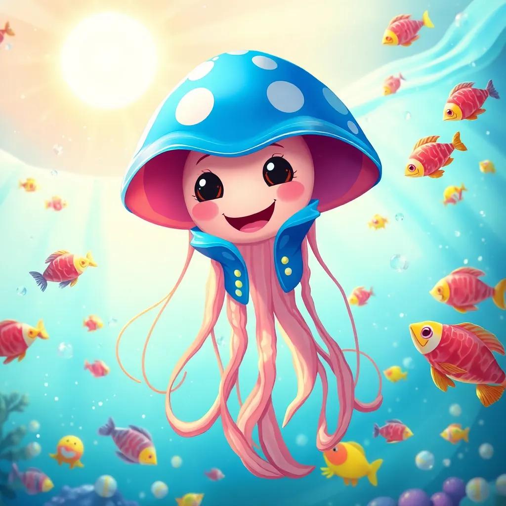A happy jellyfish, Jilly, wearing a bright blue jacket, floating in a sunlit ocean surrounded by sparkling water and colorful fish, digital art, cheerful, vibrant colors, inviting atmosphere, high quality