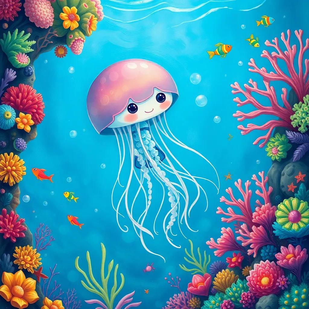Jilly, the jellyfish in a blue jacket, swimming near a vibrant coral reef with colorful corals and playful sea creatures, illustration, lively, colorful, underwater view, engaging imagery