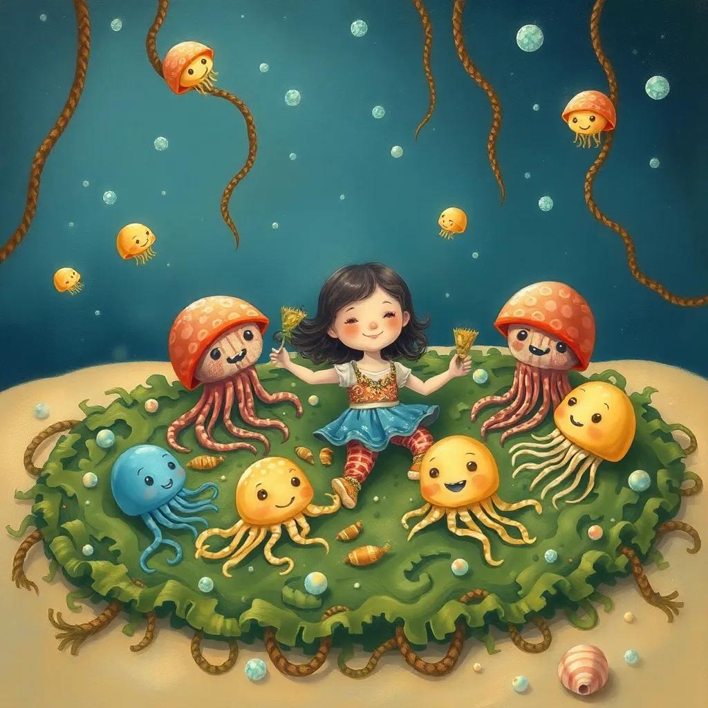 Jilly spreading a seaweed blanket with her jellyfish friends, enjoying seaweed snacks under the ocean, detailed illustration, warm colors, joyful scene, child-friendly