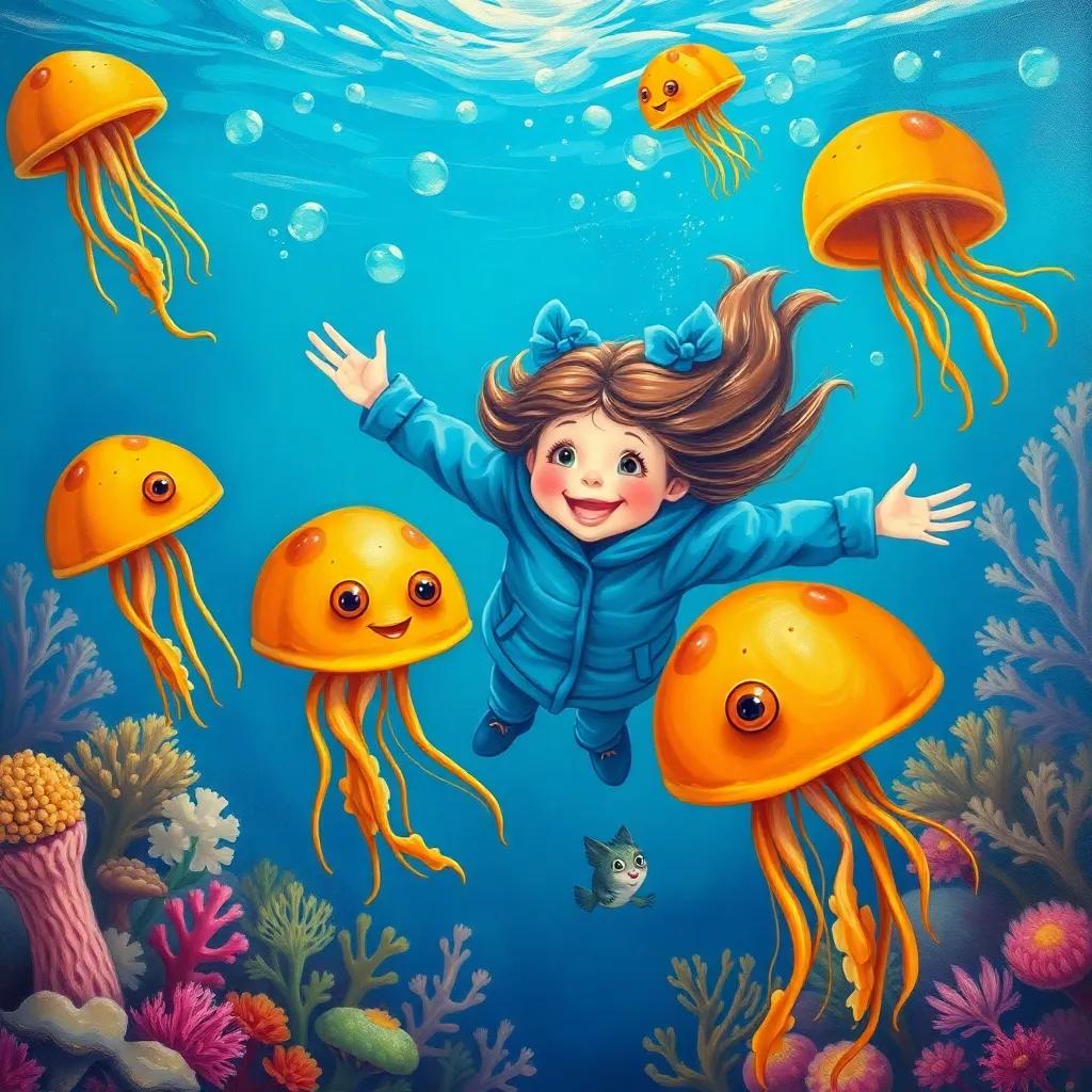 Jilly in her blue jacket swimming joyfully with her jellyfish friends, playing tag in the coral park, colorful underwater scene, cheerful, whimsical.