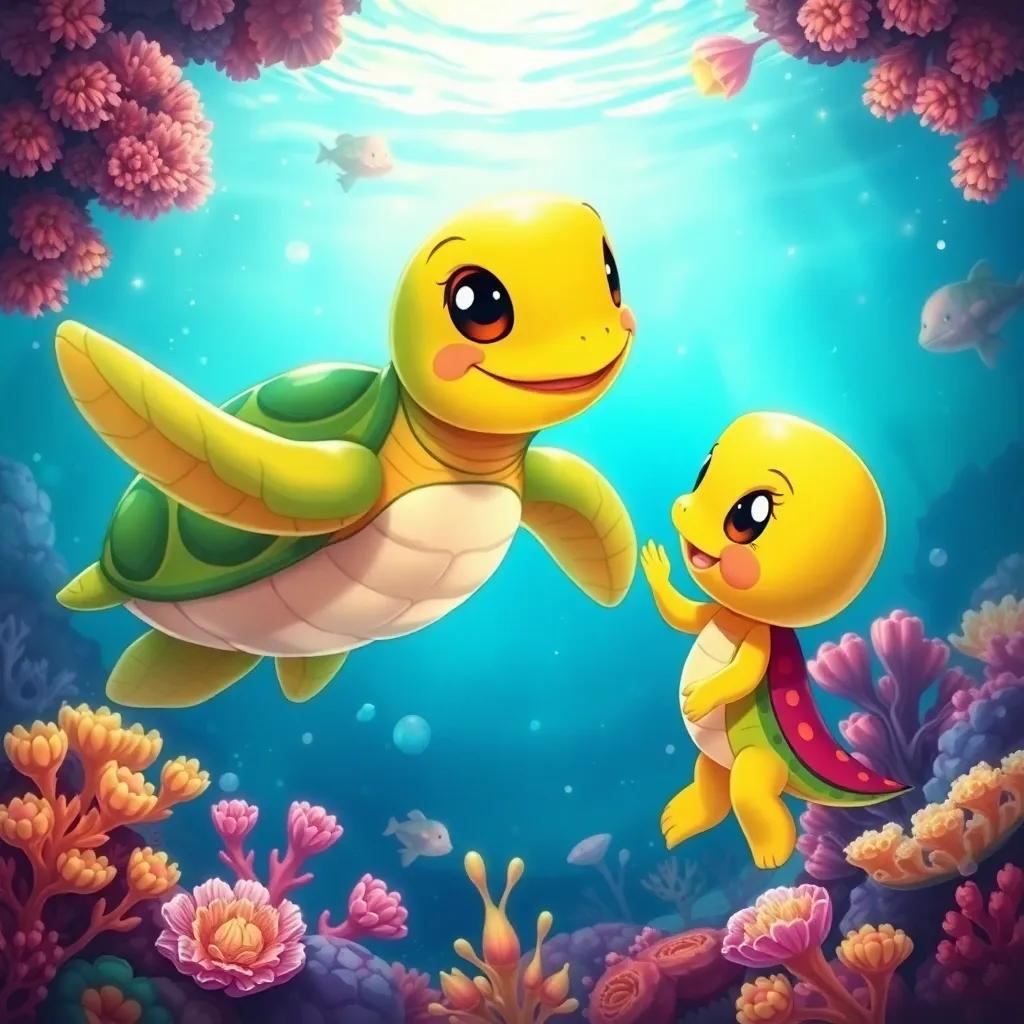A friendly turtle talking to Jilly and her friends, with sparkling waters and colorful corals all around, friendly cartoon style, inviting atmosphere, high quality