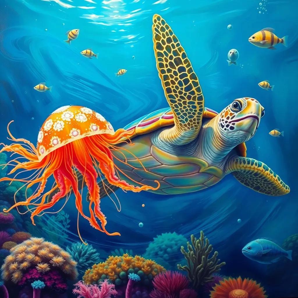 The jellyfish, Jilly, swimming alongside a big turtle in the ocean, leading the way – colorful and bright underwater scene, engaging, lively, cheerful