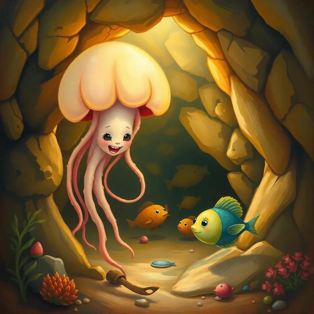 Jilly, the jellyfish, and a little fish happily reaching a cozy cave with the fish's family inside, warm colors, heartwarming homecoming scene, child-friendly