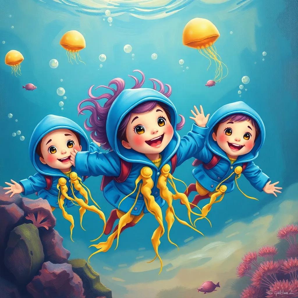 Jilly and her jellyfish friends swimming back with smiles as they celebrate their adventure in bright blue jackets, vibrant colors, cheerful ocean scene, high quality