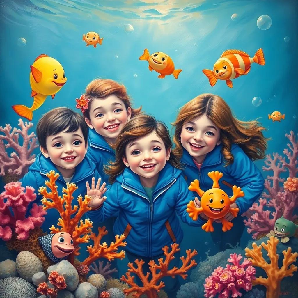 A joyful scene of Jilly and her friends, wearing blue jackets, surrounded by bright corals and smiling sea creatures in the ocean, colorful, inviting atmosphere, high quality