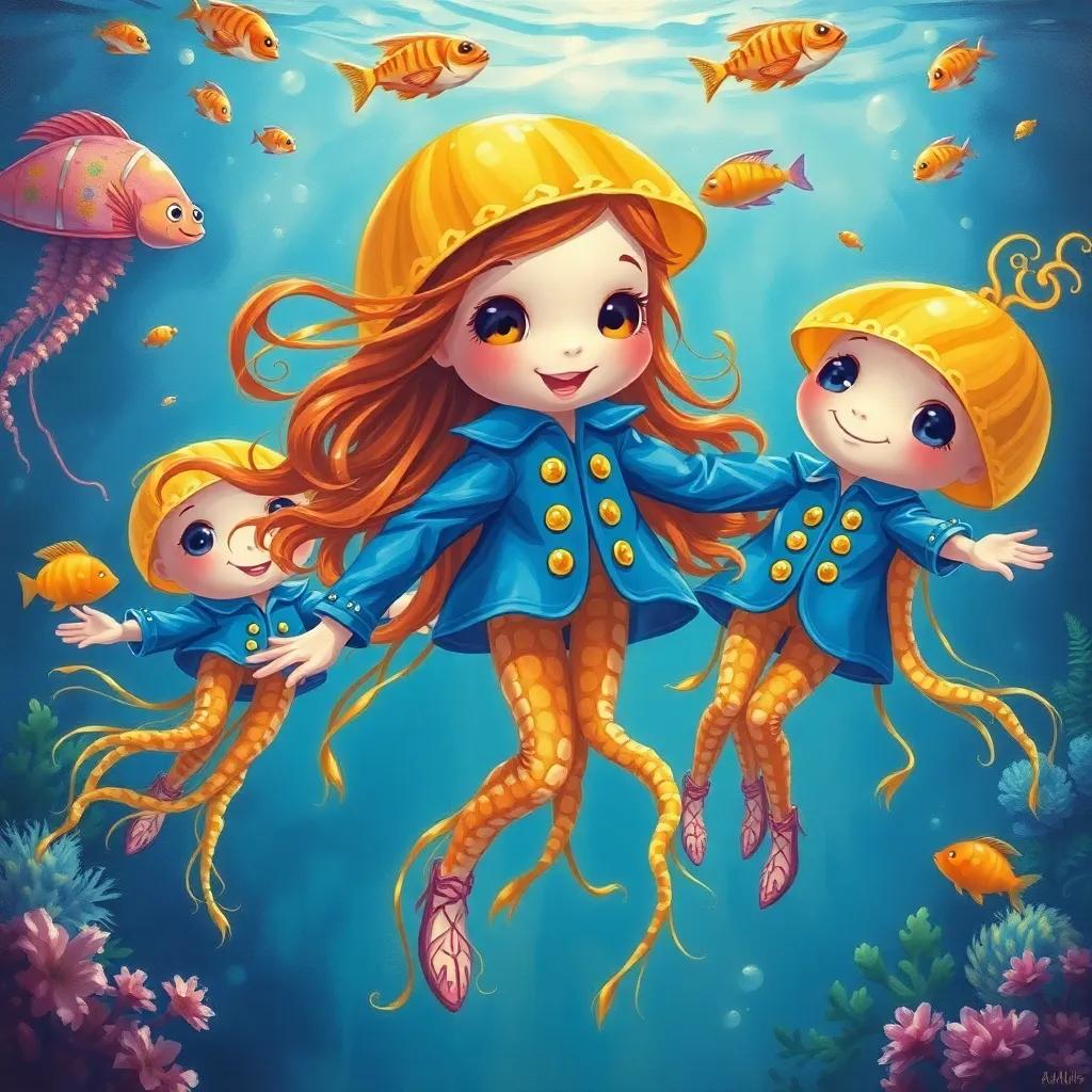 Jilly and her jellyfish friends, dancing under the ocean with their blue jackets flowing, colorful fishes in the background, cheerful and bright, engaging imagery