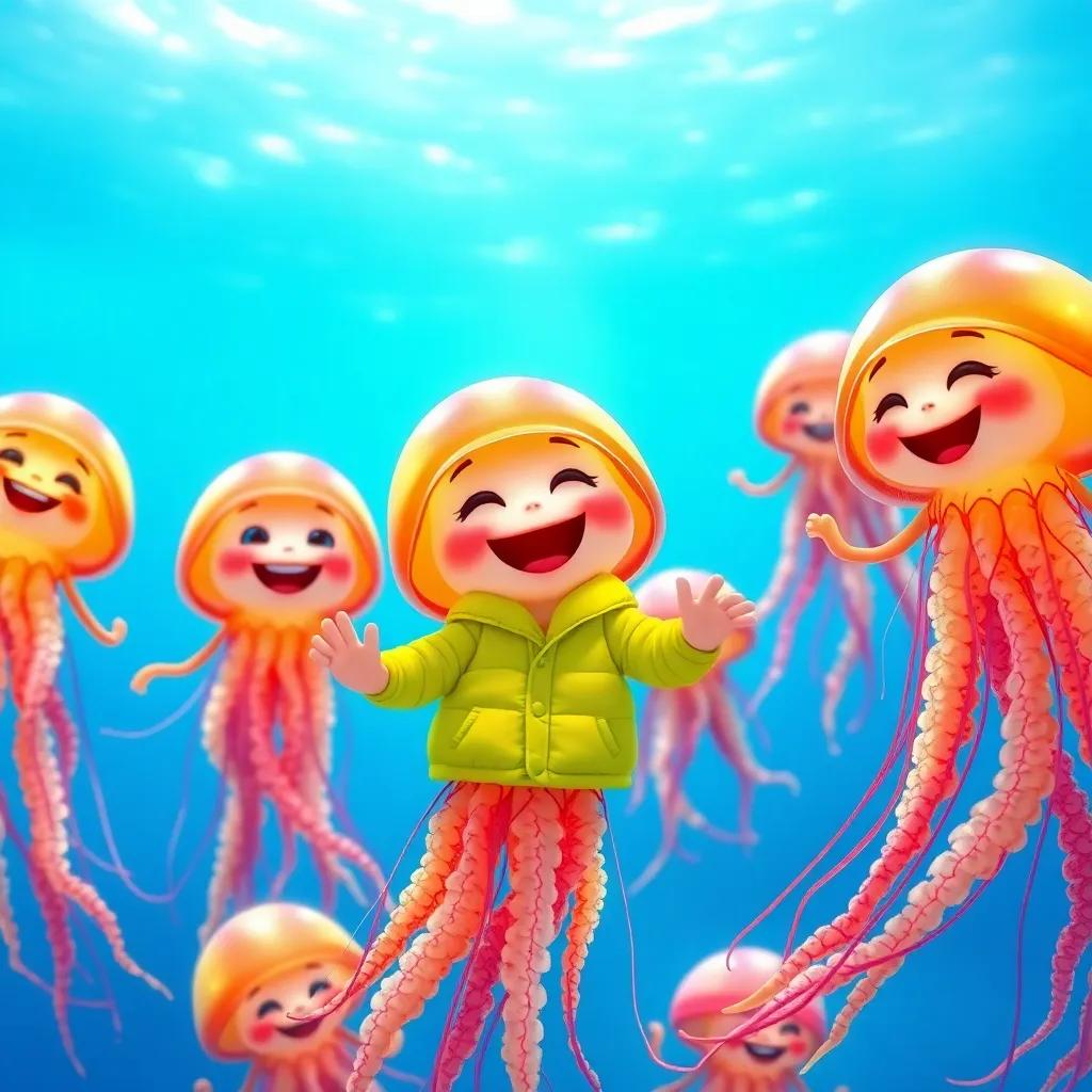 A group of colorful jellyfish, wearing bright jackets, swimming happily in clear blue ocean water, smiling and laughing together, digital art, vibrant colors, cheerful atmosphere, high quality