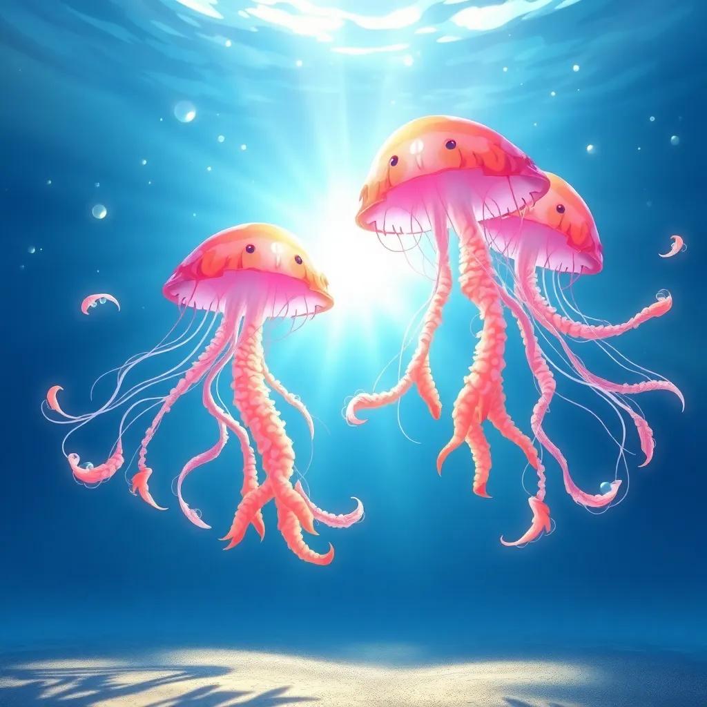 Jellyfish dancing joyfully with their jackets flowing, sunlight sparkling through the water, creating a magical scene, illustration, lively, fun, child-friendly