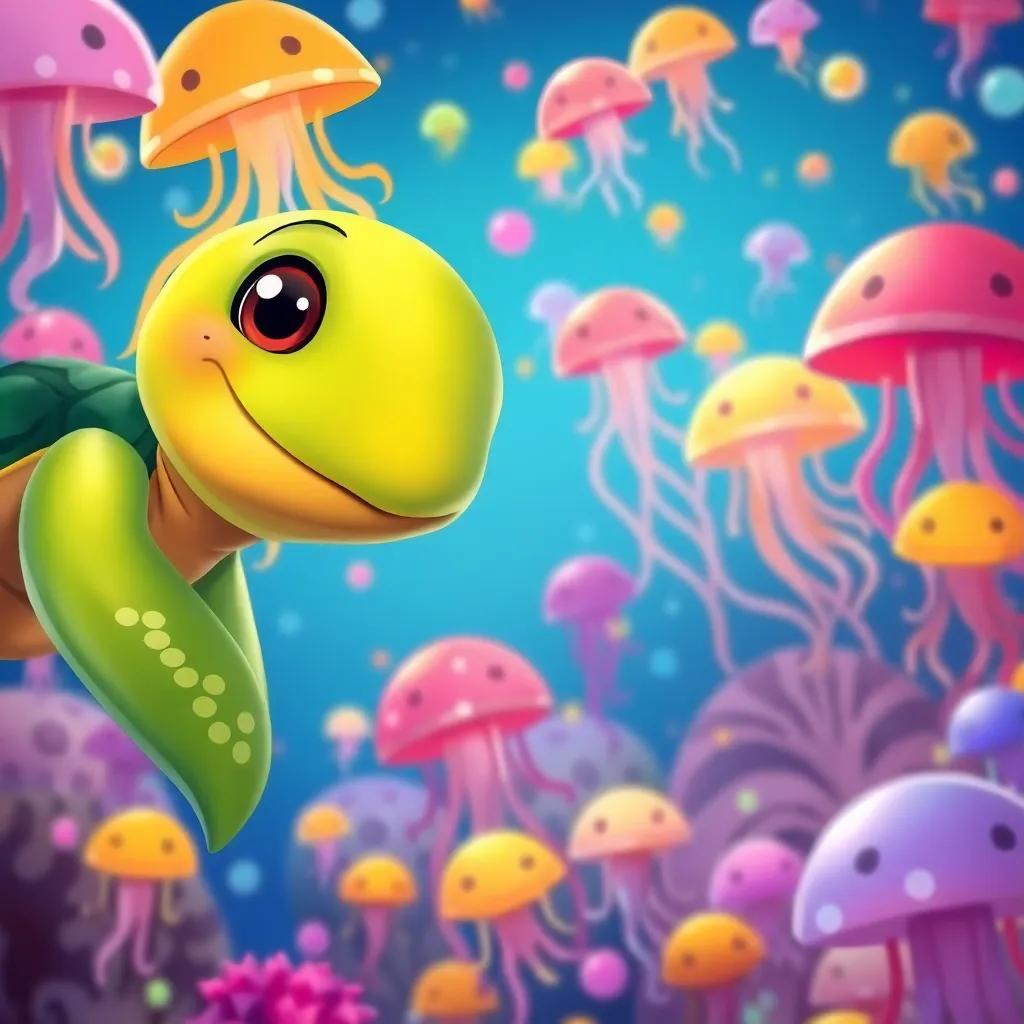 A friendly turtle peeking in at the jellyfish dance party, looking curious and happy, the ocean filled with colorful jackets and joyful jellyfish, child-friendly illustration, vibrant, inviting atmosphere