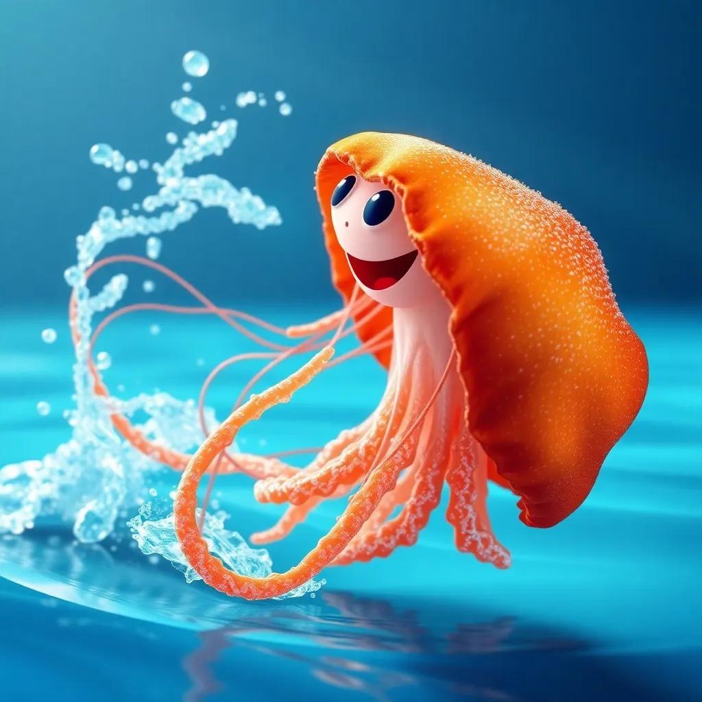 A jellyfish showing off its sparkling jacket, spinning in the water with a big splash, excitement and joy in the ocean, digital art, bright colors, playful scene, high quality