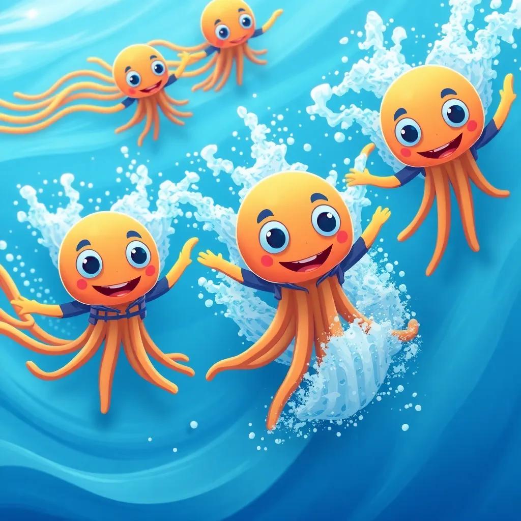 A race scene with jellyfish zooming through the water, jackets creating colorful trails behind them, waves splashing around, cheerful and energetic atmosphere, illustration, fun, child-friendly