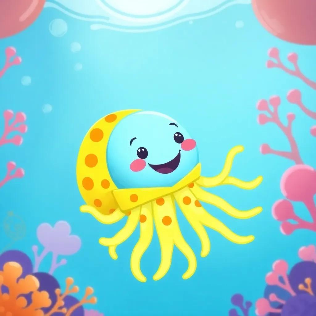 A joyful jellyfish named Juno, swimming under the sea, wearing a bright yellow jacket with orange dots, in a vibrant coral reef, playful atmosphere, digital art, cheerful colors, child-friendly, high quality