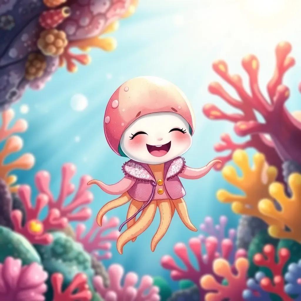A tiny jellyfish named Tilly, giggling while wearing a sparkly pink jacket, surrounded by colorful corals, cheerful underwater setting, bright light, colorful, joyful scene, detailed, vibrant
