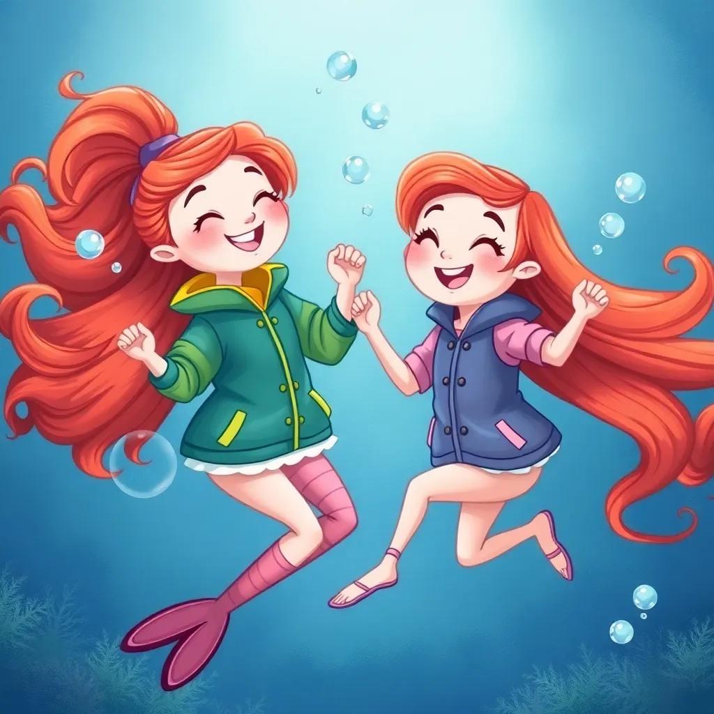 Juno and Tilly dancing together in the water, showing off their jackets, with bubbles around them, cheerful expressions, rich colors, playful underwater world, high quality, detailed art