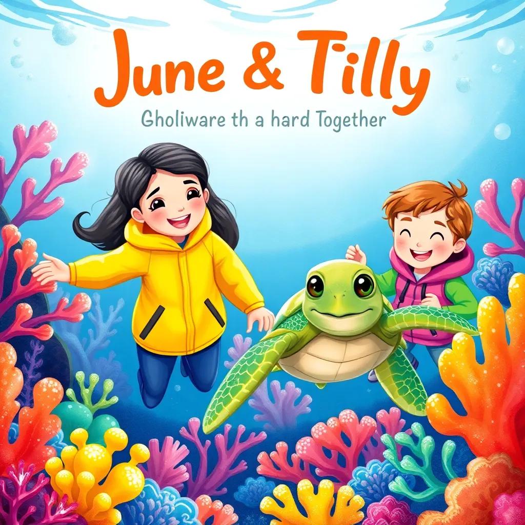 Juno, Tilly, and the turtle exploring the reef together, surrounded by colorful jackets and shimmering corals, vibrant ocean scene, joyful expressions, high quality, cheerful atmosphere