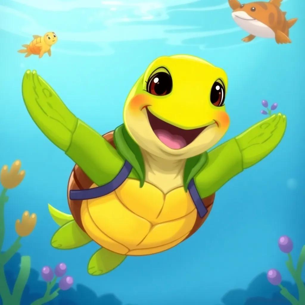 The turtle wearing a bright green jacket, smiling widely, swimming happily with Juno and Tilly, in a lively underwater setting, playful and inviting, digital art, vibrant colors, child-friendly