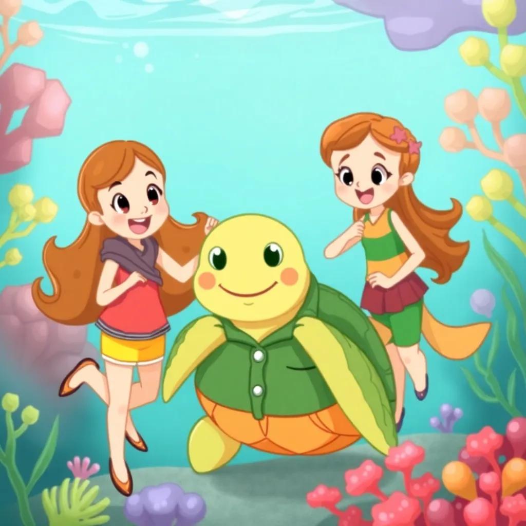 Juno, Tilly, and the turtle finding a green jacket together, with excitement shown on their faces, underwater coral backdrop, bright and cheerful, engaging scene, high quality