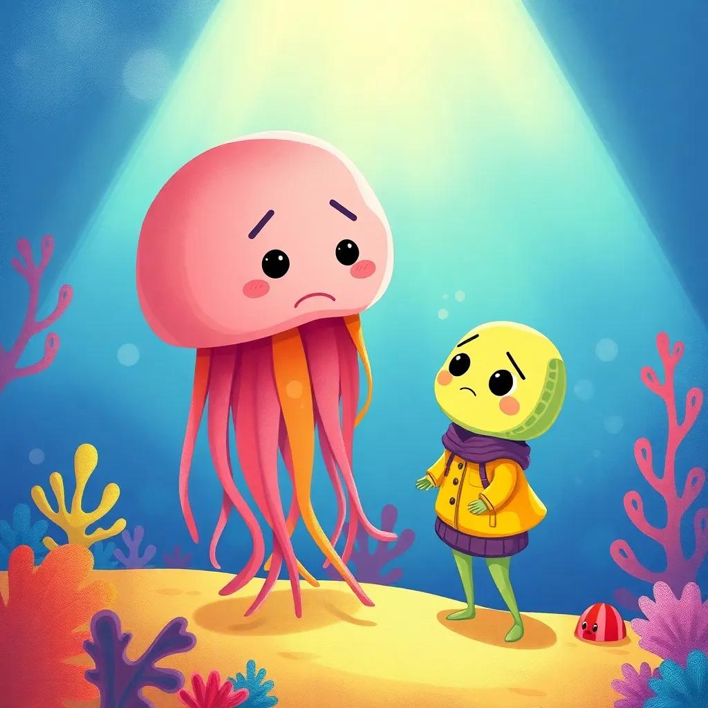 Juno giving his yellow jacket to a big jellyfish with a sad face, in a colorful ocean environment, warm and kind scene, playful light, vibrant colors, heartwarming art