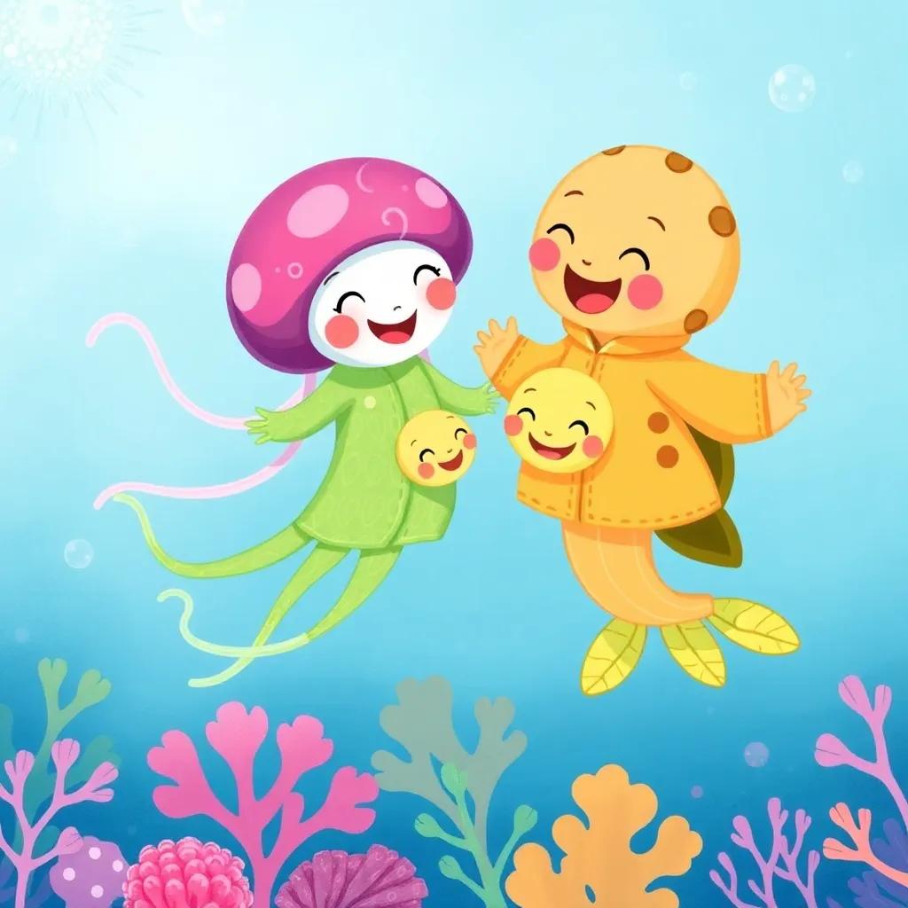 Juno, the jellyfish, Tilly, the small jellyfish, and the turtle happily swimming together in their new jackets, laughter in the water, surrounded by corals, joyful atmosphere, bright and colorful