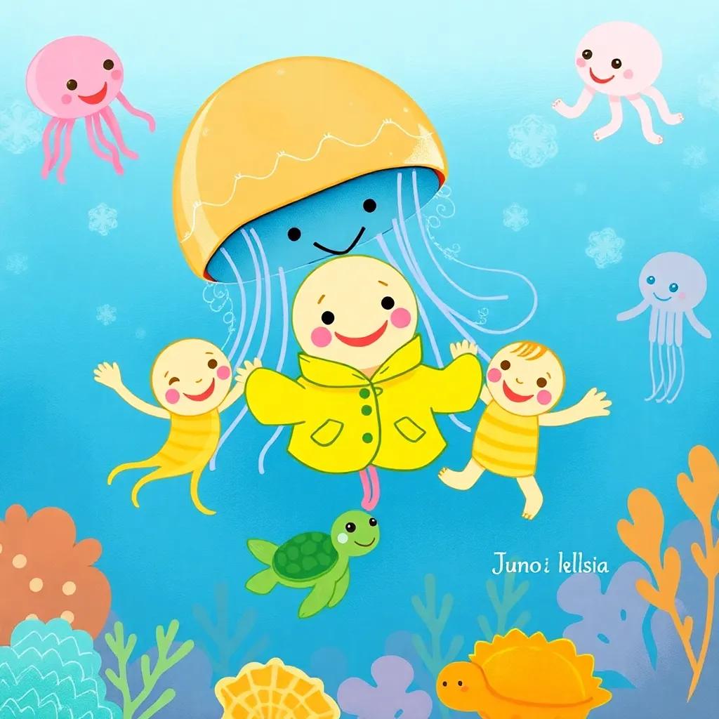 The big jellyfish now wearing Juno's yellow jacket, smiling with the other jellyfish and the turtle, swimming in a joyful circle together, cheerful underwater world, child-friendly, warm and inviting scene