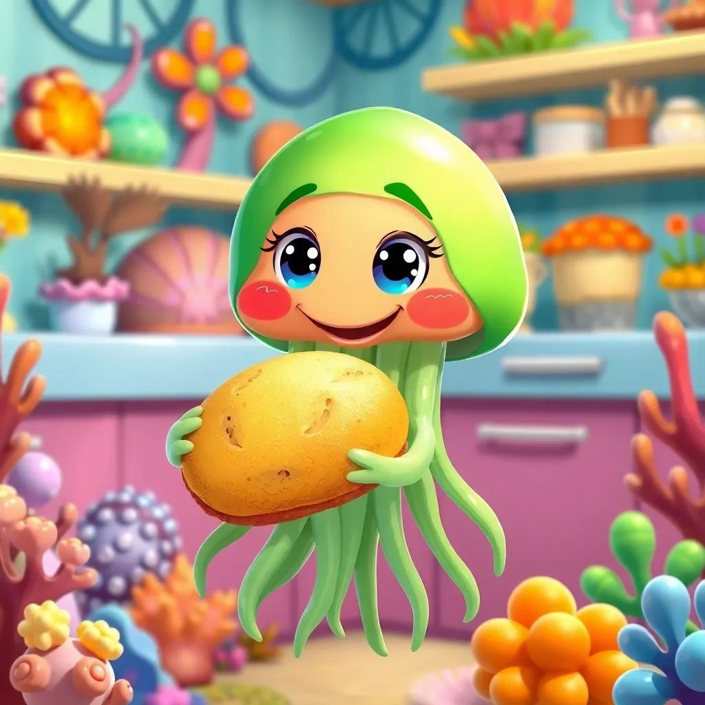 A jellyfish named Jelly holds a soft seaweed bread in her tentacles, her eyes sparkle with excitement, in a vibrant coral kitchen with colorful shells and sea plants, digital illustration, joyful and bright, child-friendly