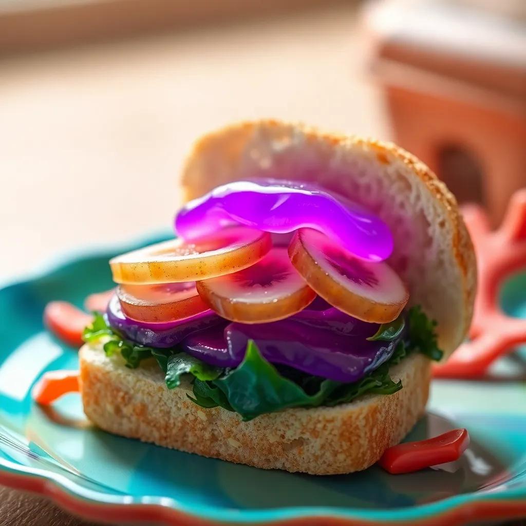 A close-up of Jelly’s sandwich made of seaweed bread with bright purple jelly and crunchy sea cucumber slices, placed on a colorful coral plate, bright light, fun and whimsical, tempting presentation, high quality