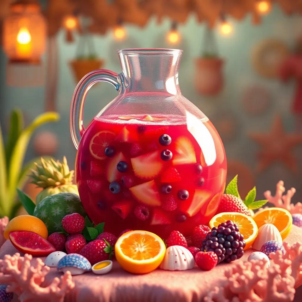 A big round juice jug filled with fresh sea berry juice, surrounded by colorful fruit and shells on a coral table, warm light, inviting atmosphere, happy and cheerful, digital art