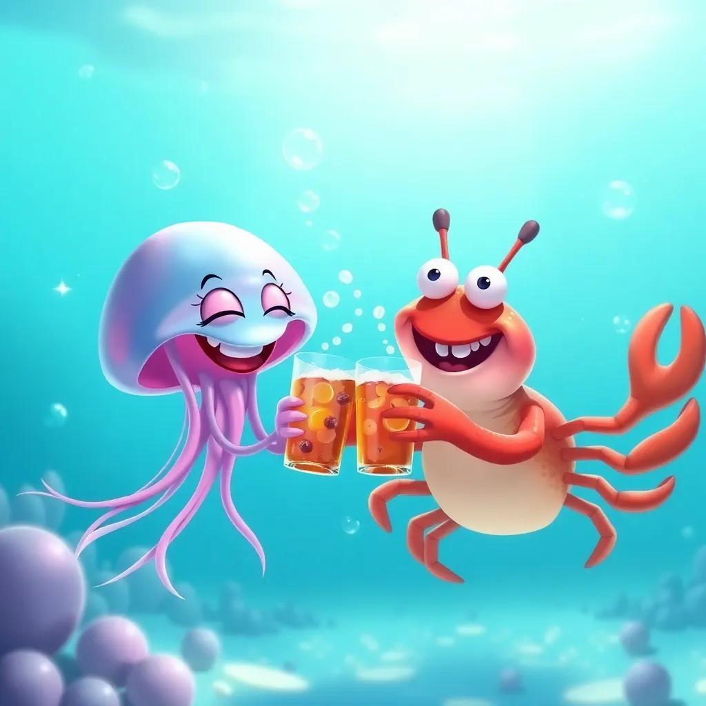 Jellyfish Jelly and Crab Carl clinking their cups of sea berry juice, bubbles around them in the water, both laughing and smiling, bright underwater scene, joyful friendship, high quality