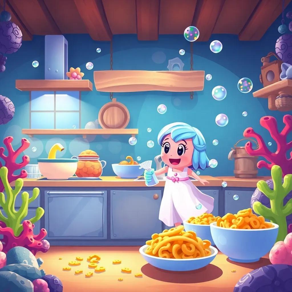 The coral kitchen as Jelly cleans up, bubbles floating around, with sparkling dishes and seaweed bread crumbs, a cozy and playful atmosphere, vibrant colors, child-friendly, cheerful scene