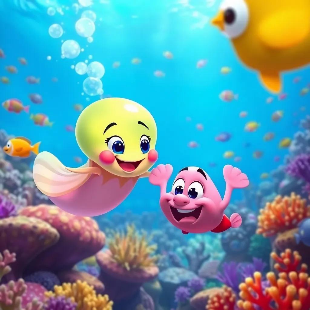 A cheerful underwater scene of Jelly and Carl swimming together, joyfully exploring the ocean, lots of colorful fish and coral in the background, vivid colors, high quality